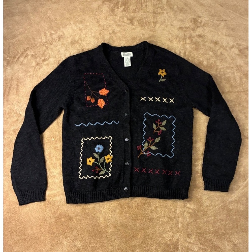 VTG 90s Womens Black Embroidered Patchwork Cardigan Sweater M 10-12 Teacher Core